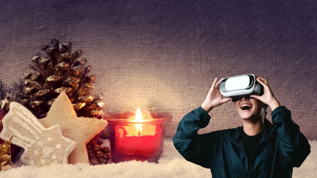 Schüler mit einer VR-Brille vor einem weihnachtlichen Hintergrund